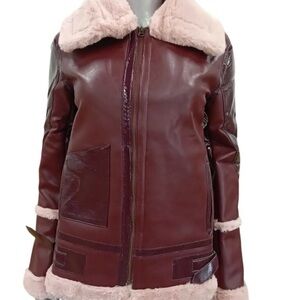 Elegant Maroon Leather Jacket with Plush Trim